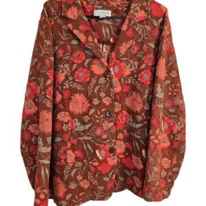 Vintage CJ Banks Jacket 2X Red Orange Floral Button Lightweight Button Long Slve